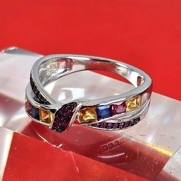 925 Sterling Silver Ring Sz 6.75 with Natural Sapphire & Ruby Gems - Picture 3 of 11